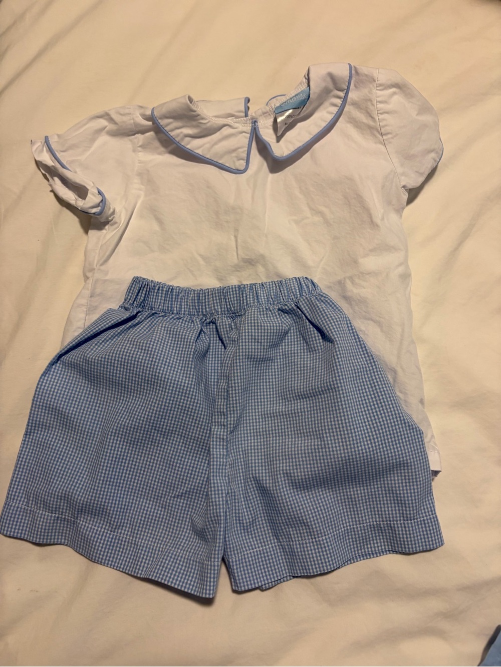 Classic whimsy Bo White Top with Blue Trim & Light Blue Gingham Shorts 2t